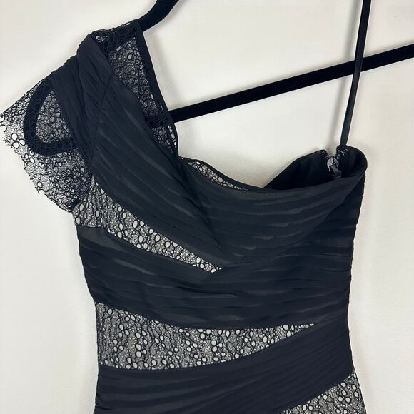 BCBGMAXAZRIA Runway Womens One Shoulder Lace Wrap Mini Chiffon Black Dress 0 - Picture 9 of 12